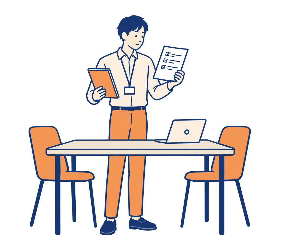 提案書を片手に持ち、もう片方の手のチェック表のほうを見ている担当者