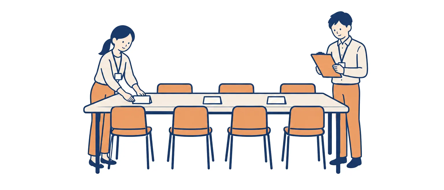 会議室を準備する総務の担当者2人