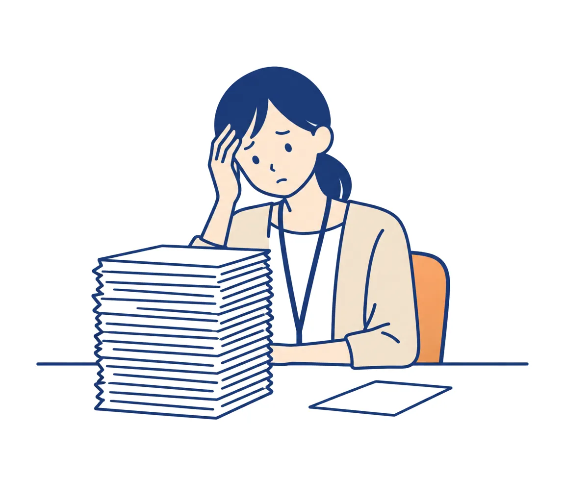 分厚い資料の束を前に困っている担当者と、その横に置かれた1枚の紙