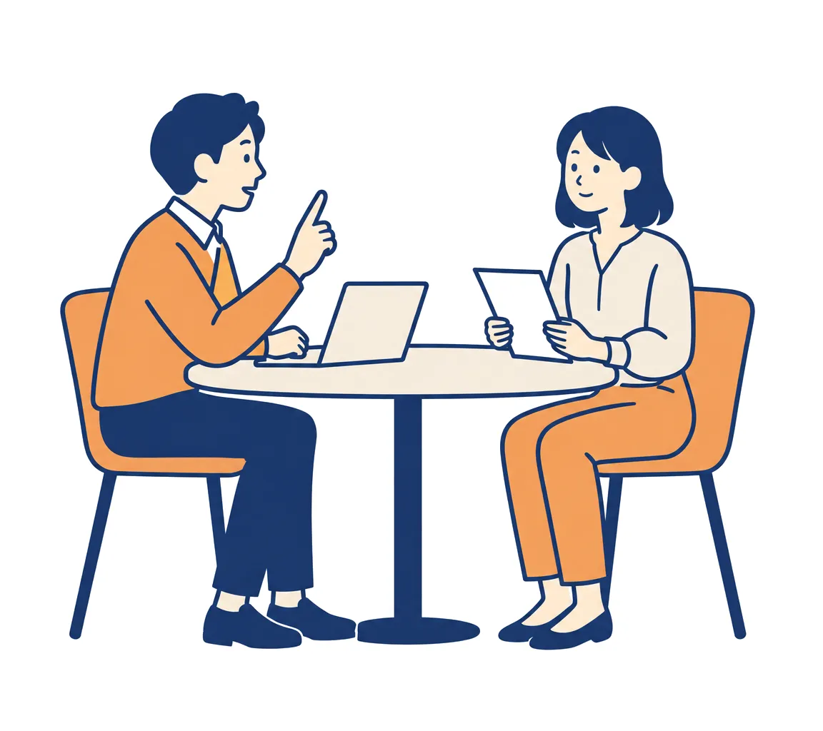 上司の質問に、1枚の資料を手に落ち着いて答える担当者