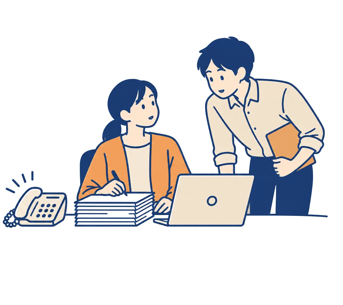 担当者の机に、電話とメールとチャットから同時に質問が届いている