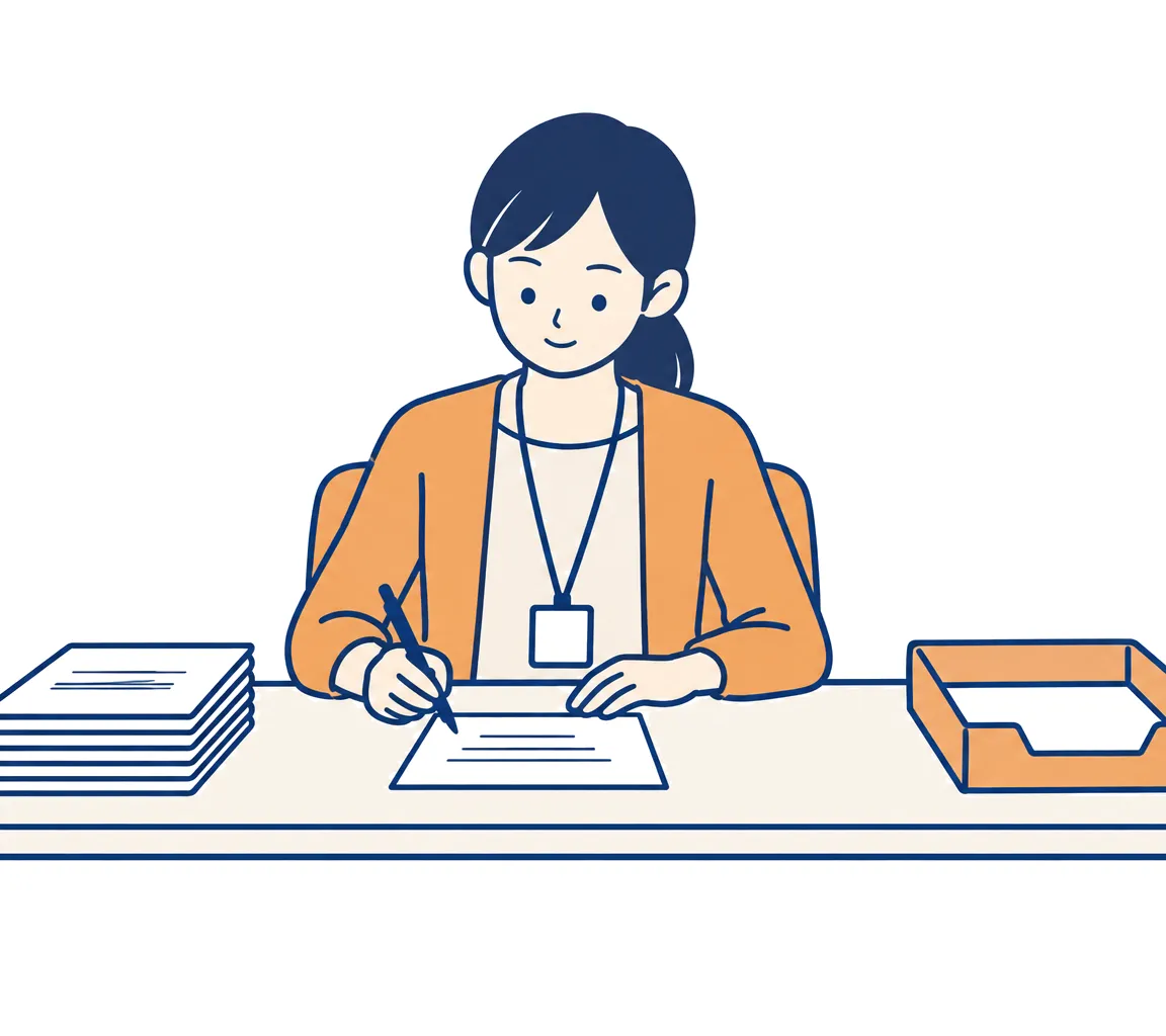担当者が机で、よく聞かれる質問の答えを1枚ずつ書いている