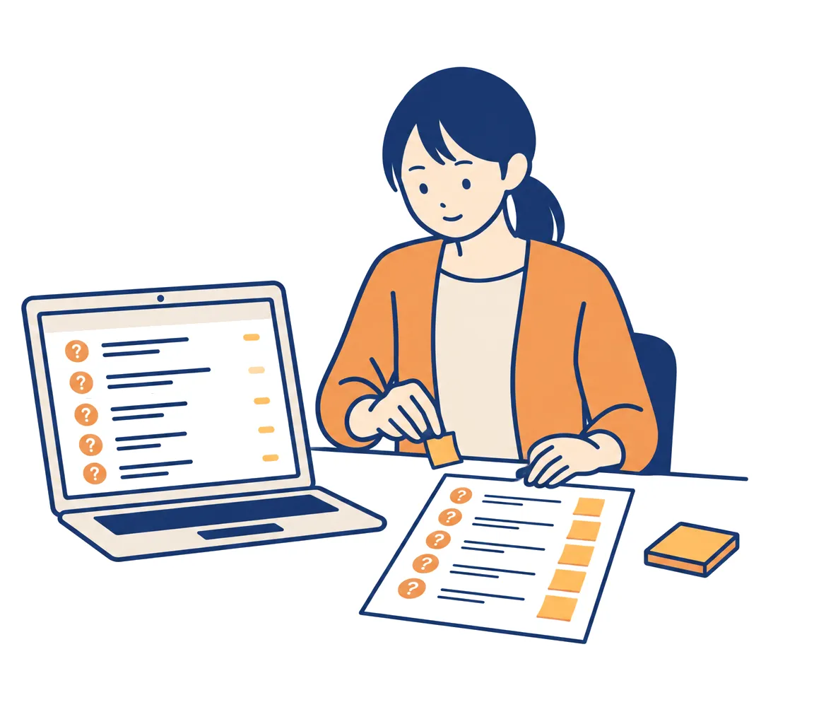 受信箱に並んだ質問を見ながら、AIに流す質問に付箋を貼っている担当者