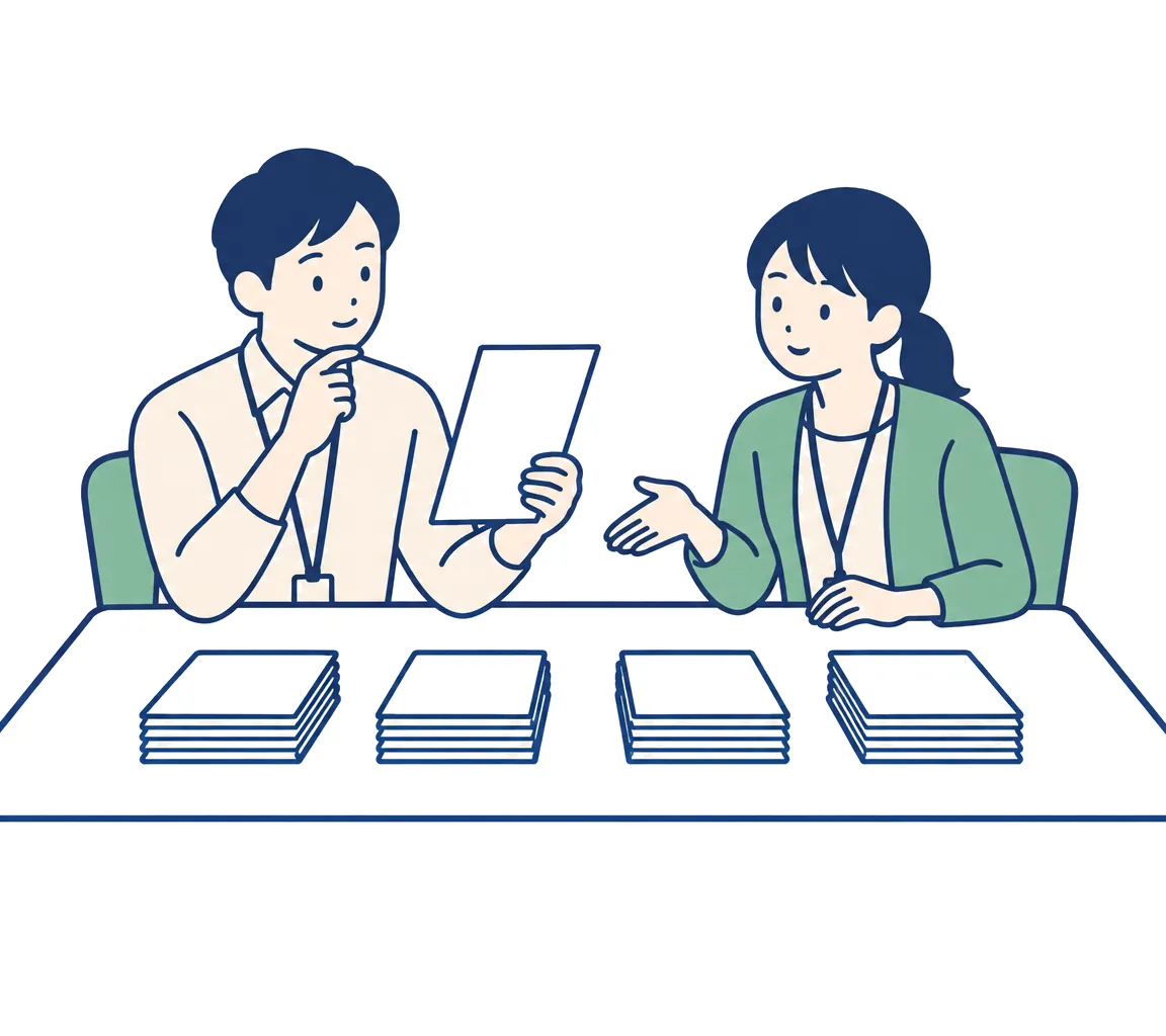 2人の担当者が、問い合わせの紙を4つの山に分けながら相談している