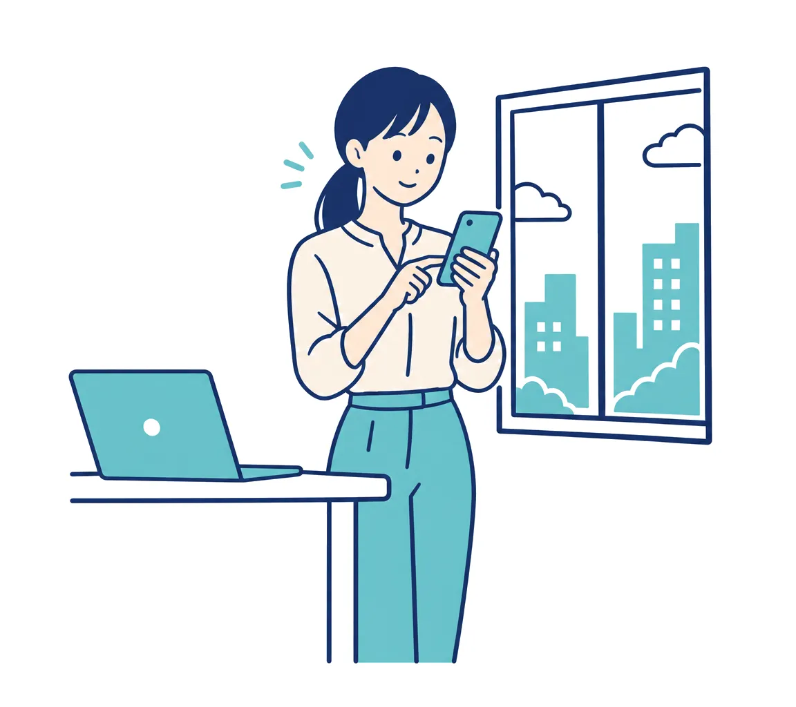 スマホの画面を見ながら、1つずつ操作を進める社員