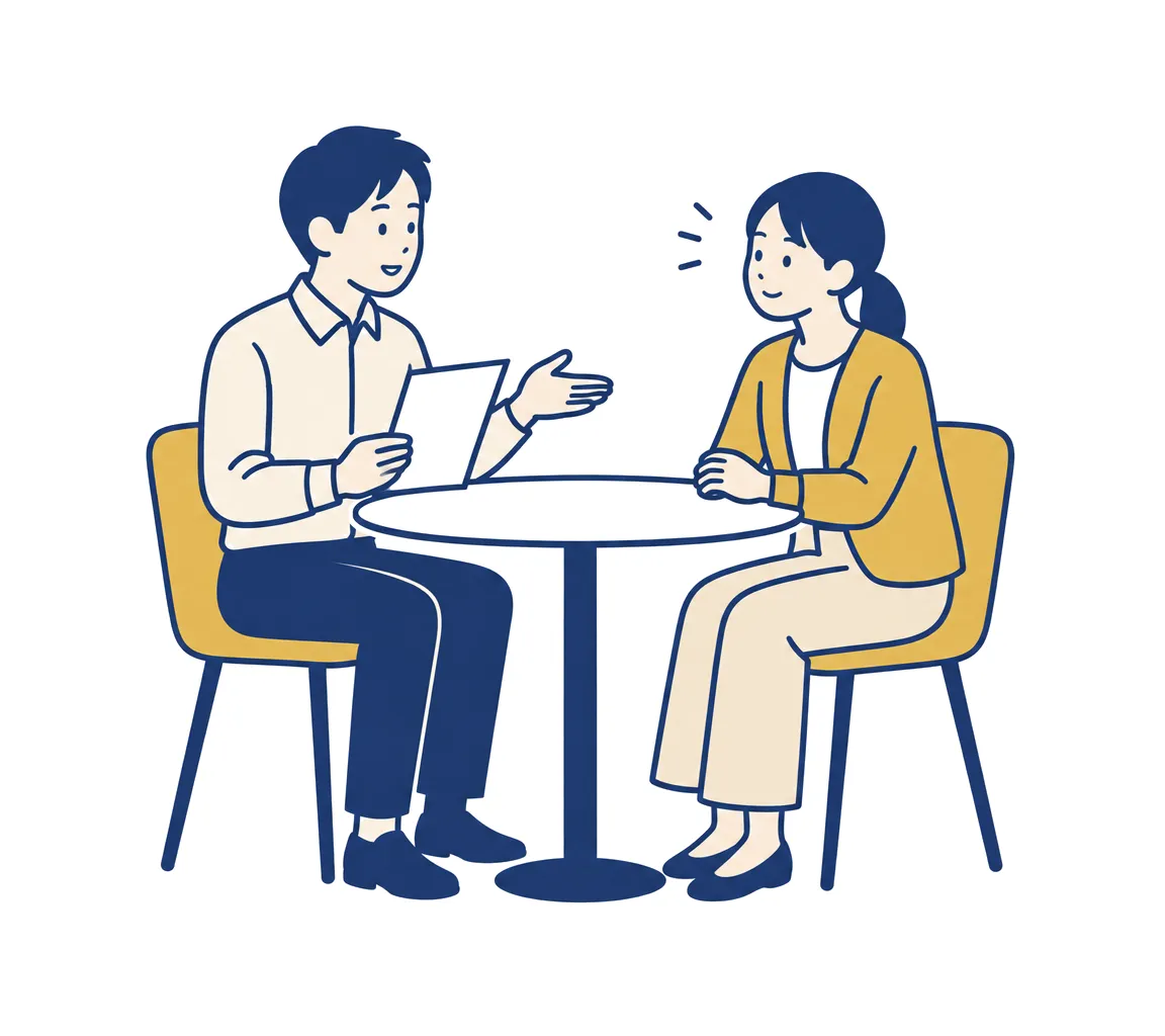 記録の目的を説明され、もう1人の担当者が安心してうなずいている