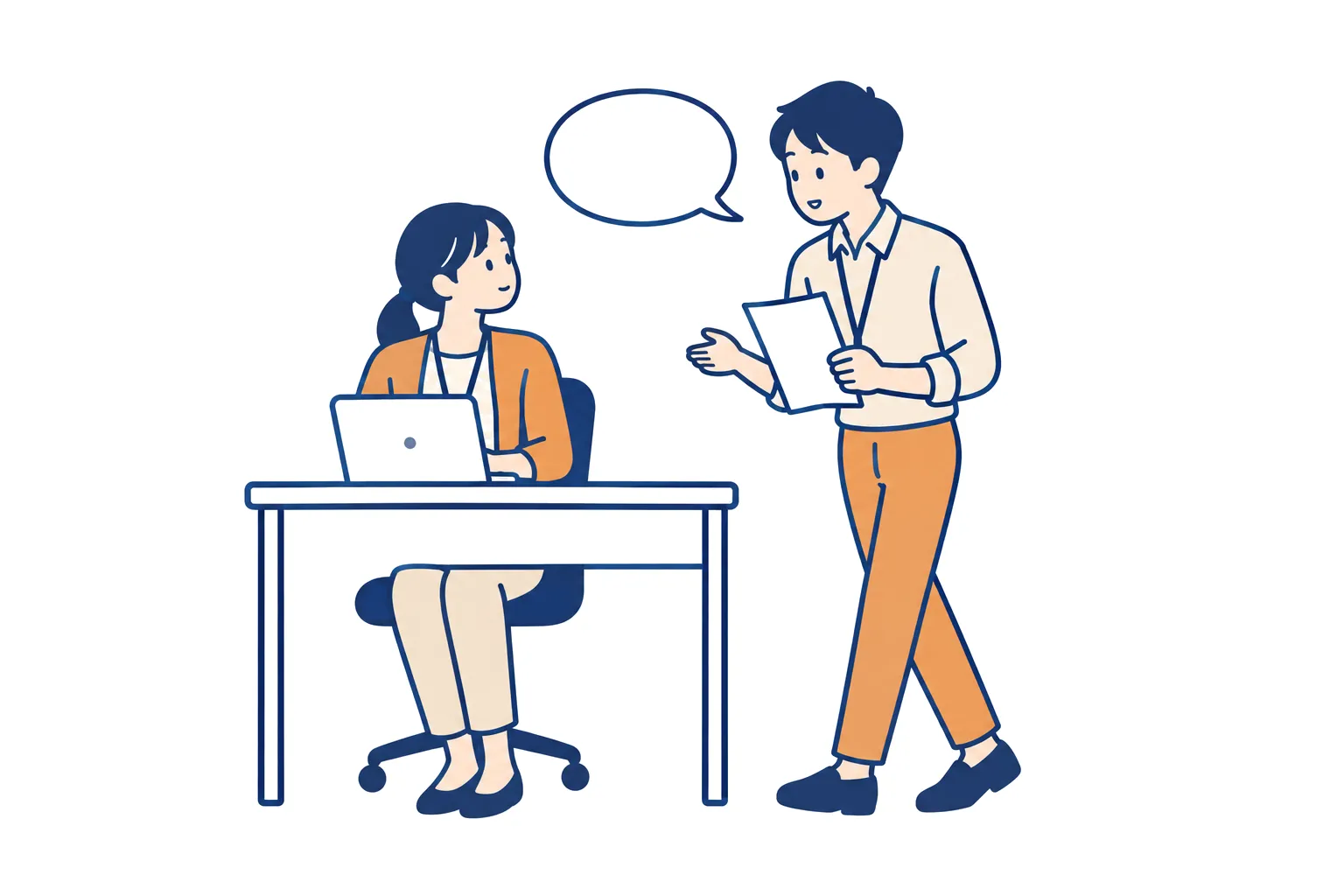 机で作業する担当者に、書類を持った社員が質問に来ている様子