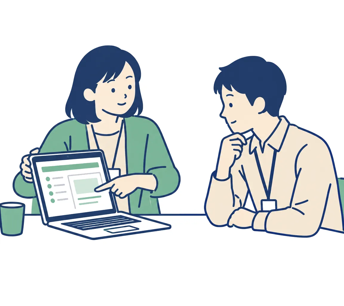 社内の事情に詳しい社員が質問に答え、次からの聞き先をノートPCで示している